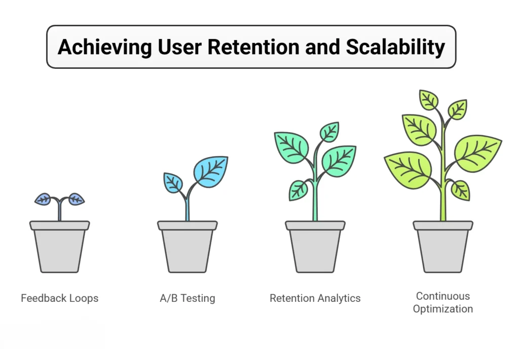 Visual representation of user retention and scalability stages, highlighting key phases and their interconnections.