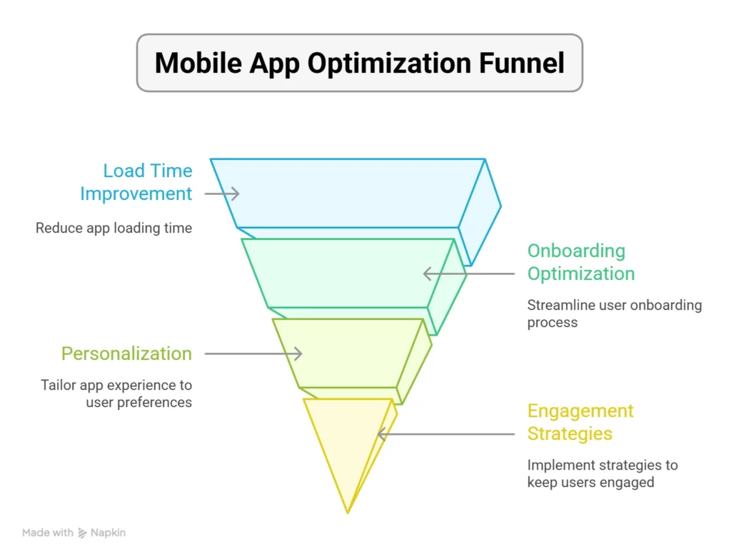 Diagram illustrating the mobile app optimization funnel, detailing steps to enhance app performance and user engagement.