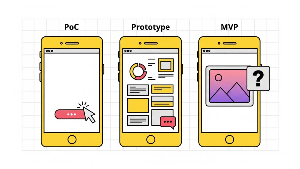 Three cell phones displaying different apps: proof of concept, prototype, and minimum viable product.